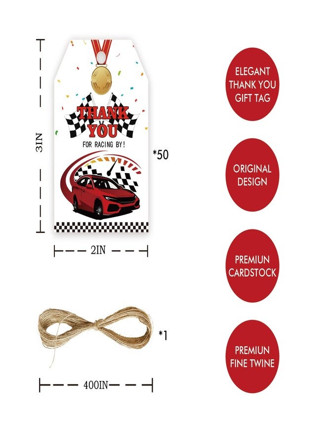 FORSHEEP 50pcs Race Car Thank You Tags, Racing Car Gift Tag with String for First Birthday Party, Fast One/Two Fast Thank You Paper Tags for Racing Birthday Party Favors - Image 2
